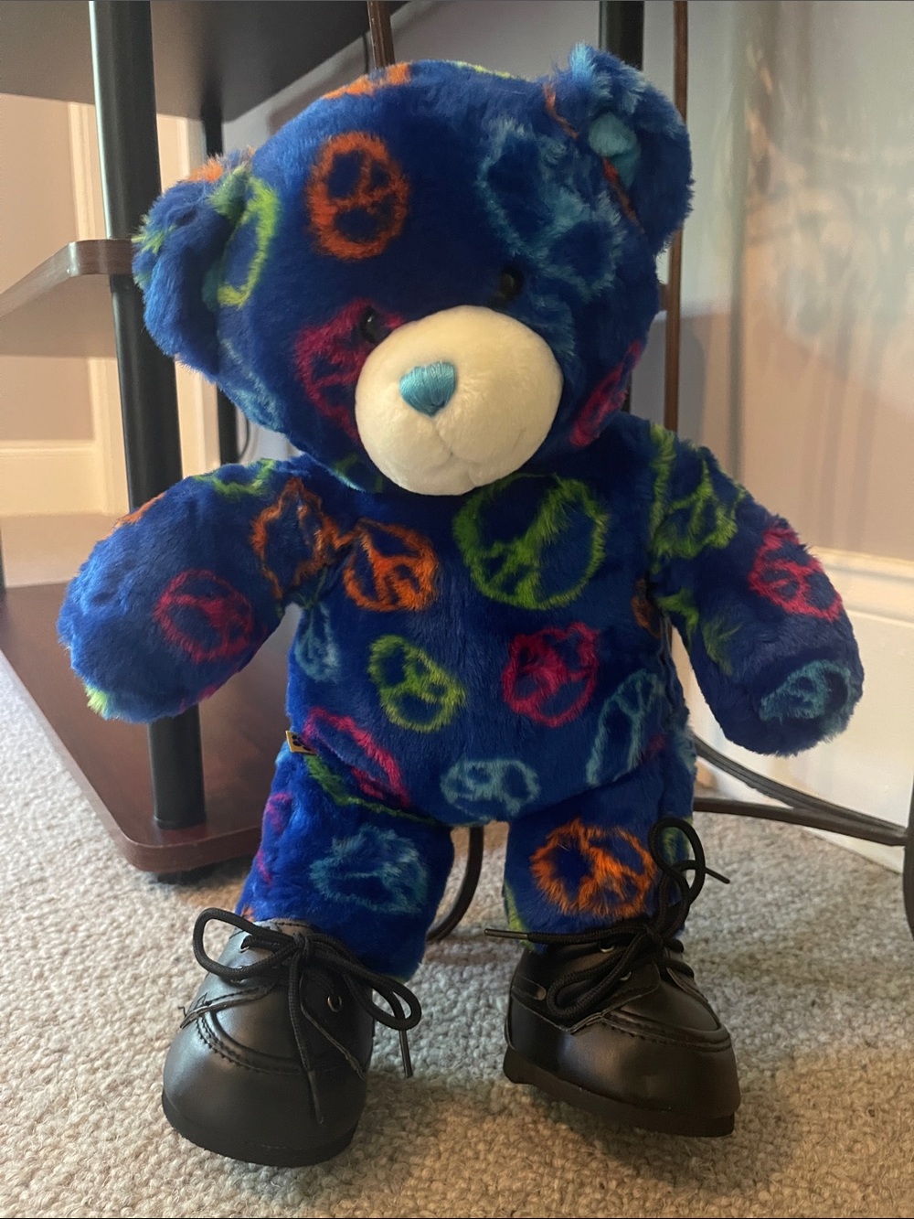 Build-A-Bear Blue Plush Teddy with Multicolor Peace Signs
